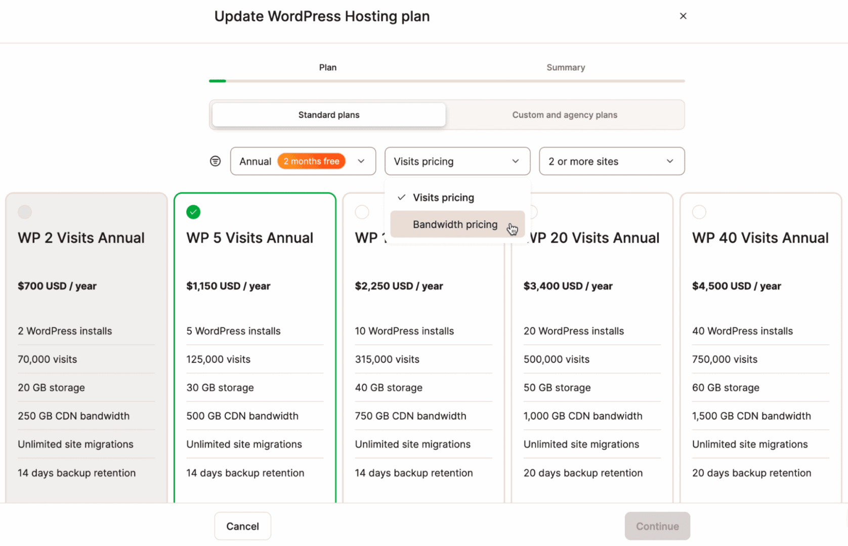 Screenshot showing the Update Plan dialog with the option to select bandwidth pricing.