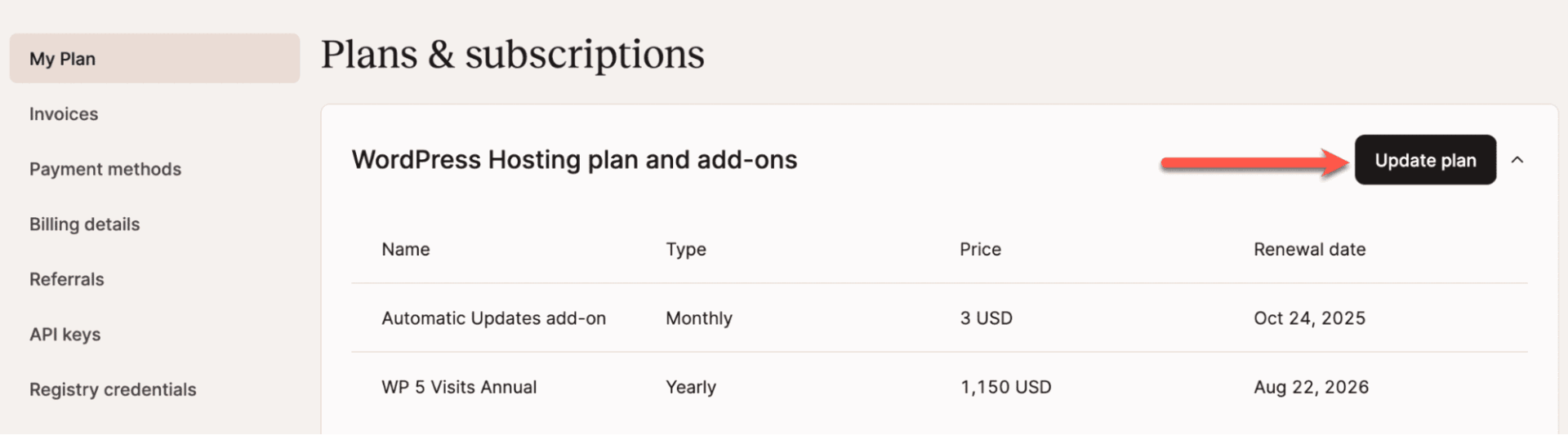 A screenshot showing part of the Plans & subscriptions page in MyKinsta.