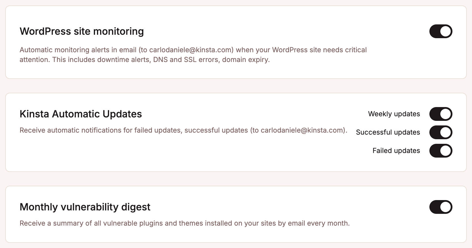 Notification settings in MyKinsta