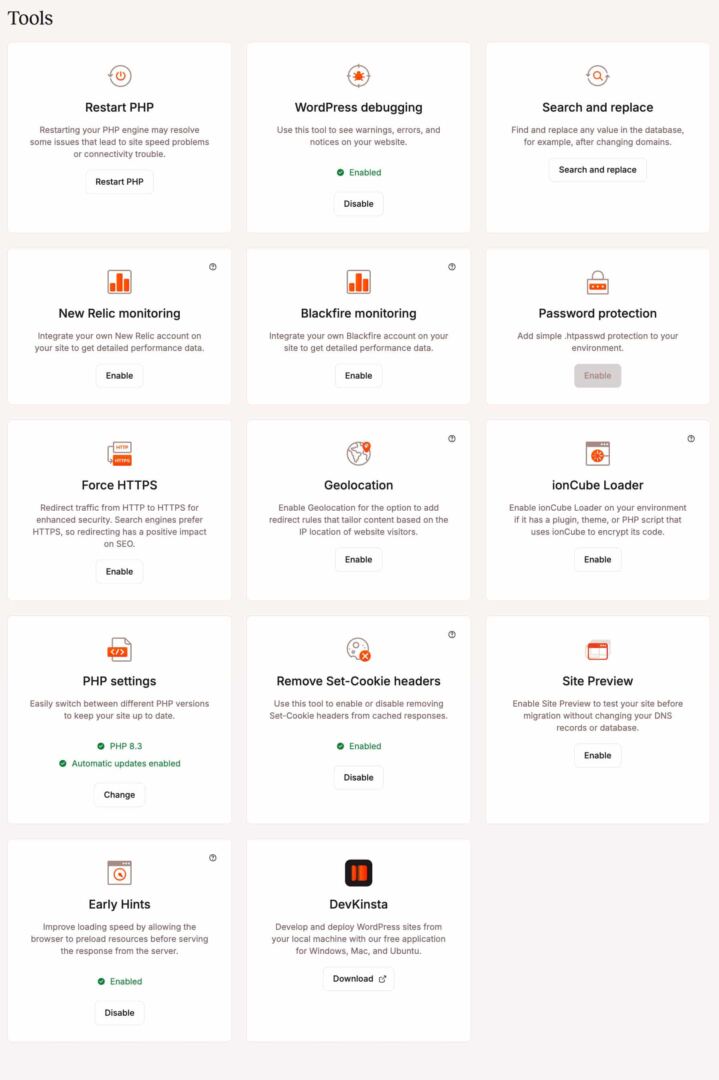 Additional tools available in MyKinsta