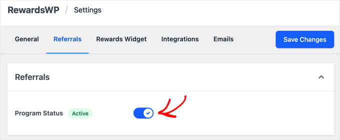 Toggle RewardWP's Program Status Setting to Active