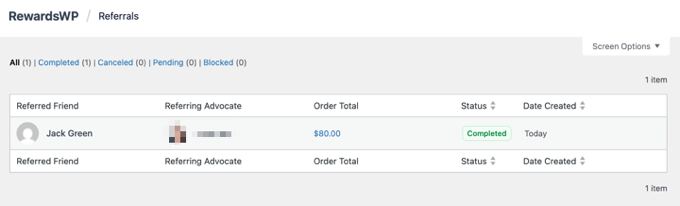The Referrals Report in RewardsWP