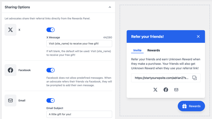 RewardsWP Sharing Options