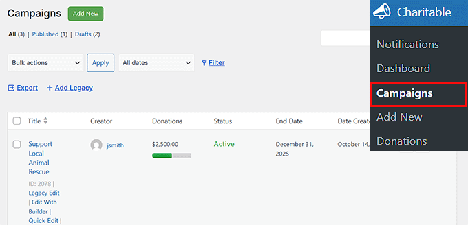 View the Campaigns page in Charitable