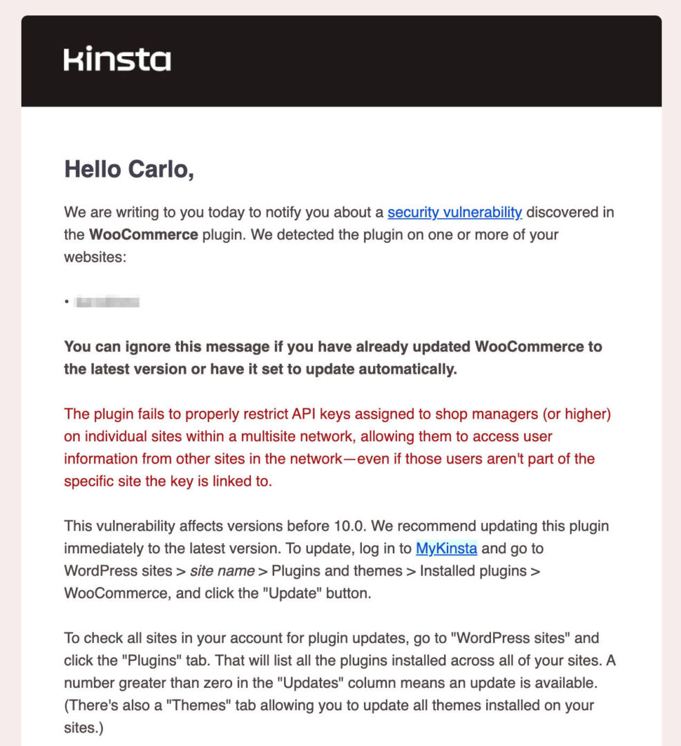 Notification of vulnerability with the WooCommerce plugin