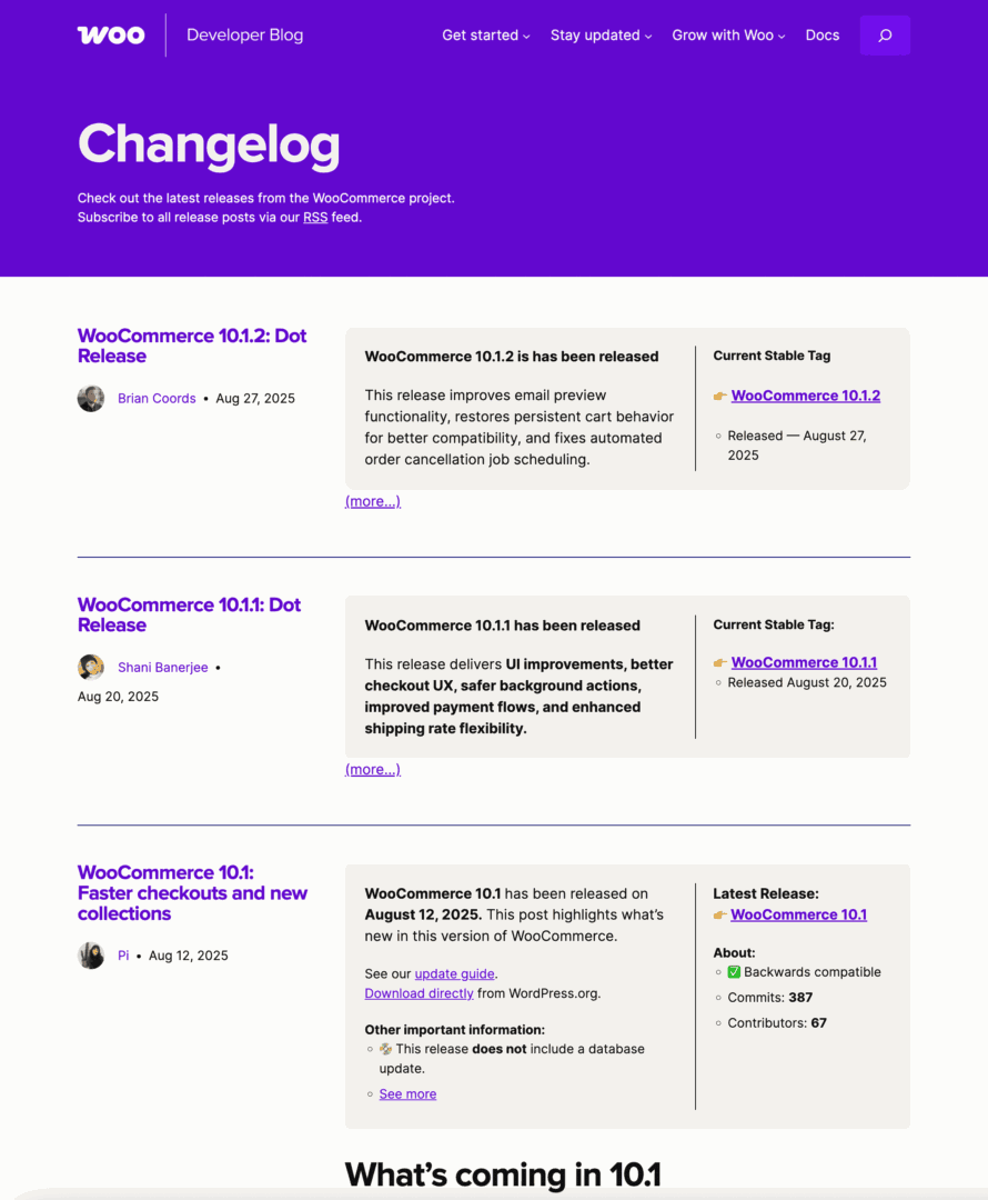 WooCommerce Changelog page