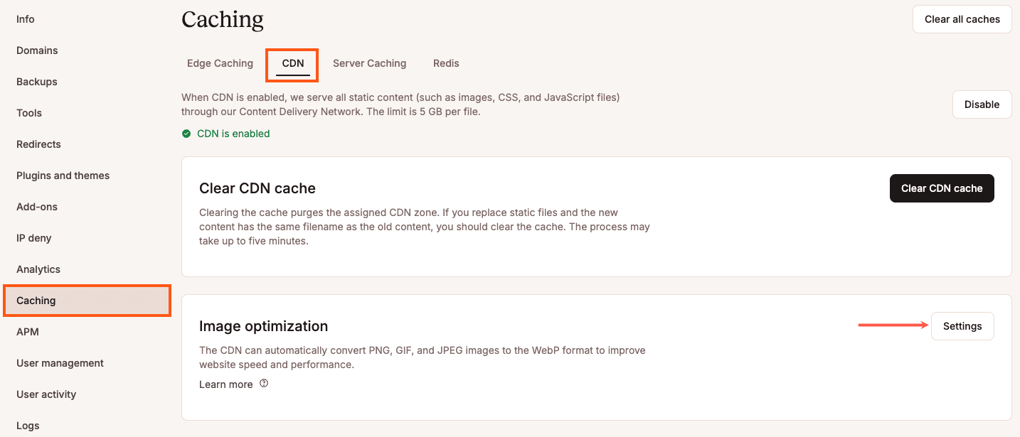 Image optimization settings available in MyKinsta’s CDN options.
