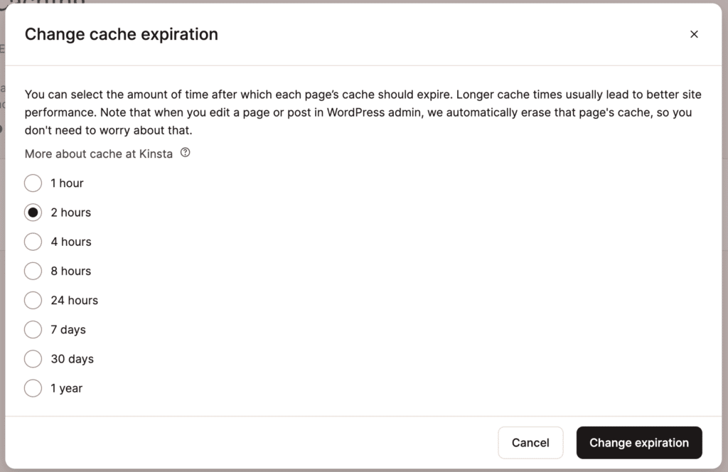 Confirmation step to select the cache expiration time in MyKinsta.