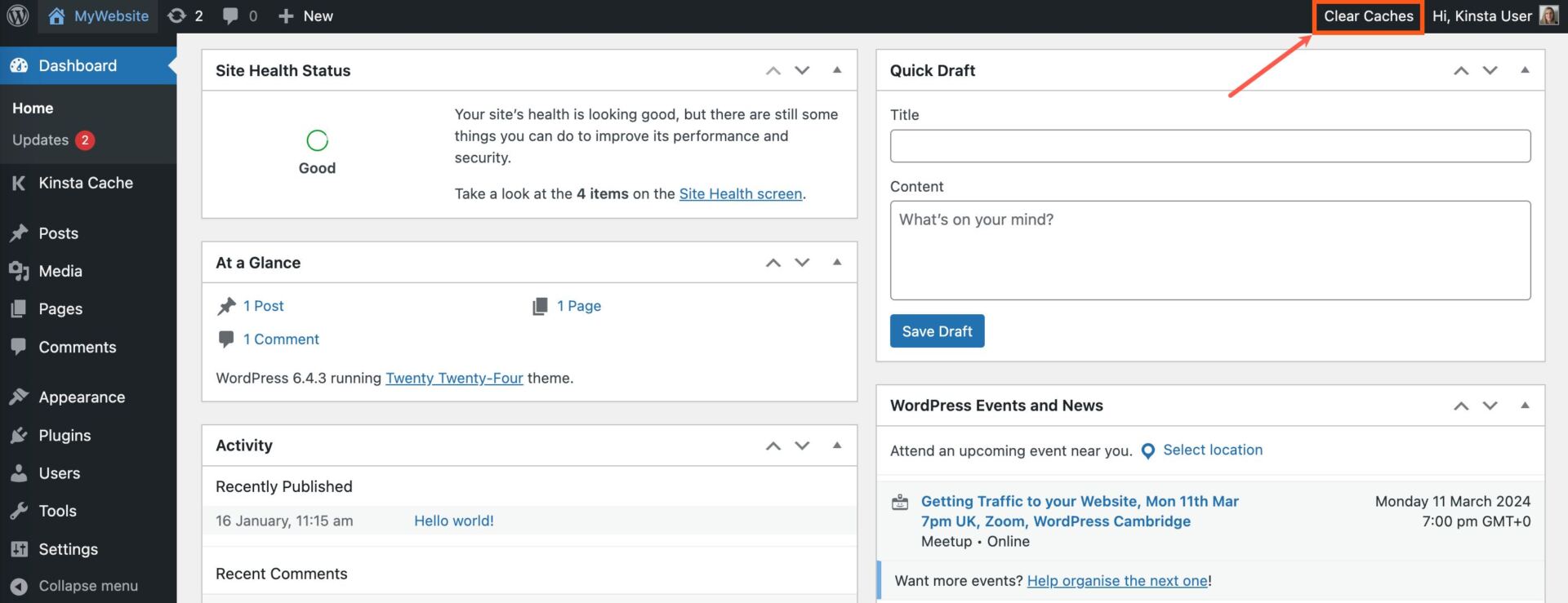 Clearing cache in WordPress using the Kinsta MU plugin.
