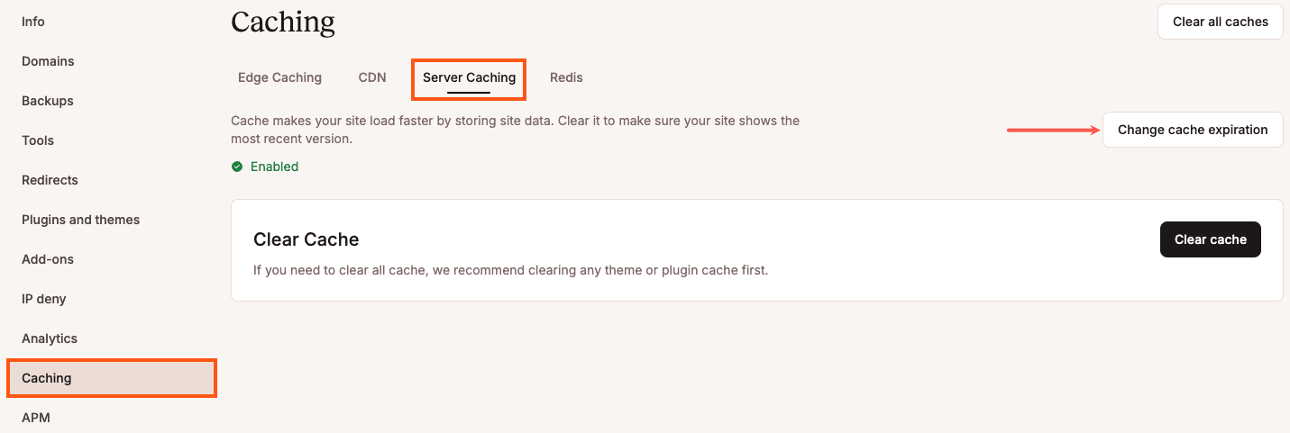Option to change cache expiration within the Caching tab in MyKinsta.