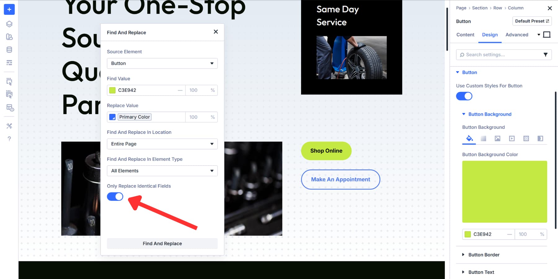 A screenshot of a only replace identical fields option in Divi 5's Find and Replace option