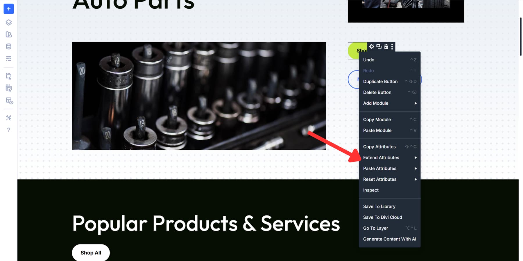 A screenshot of the extend attributes option in Divi 5