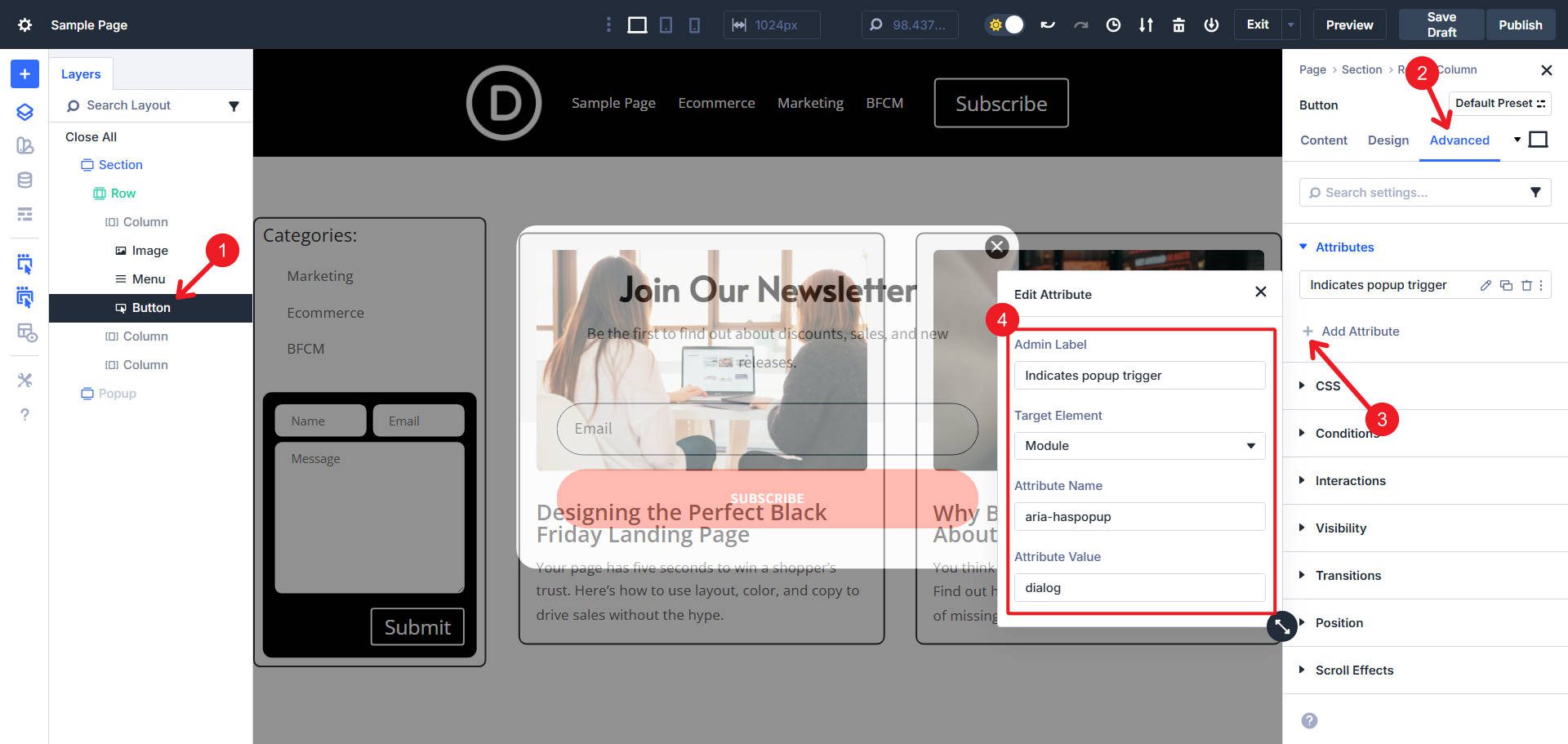 Add Aria haspopup dialog to button