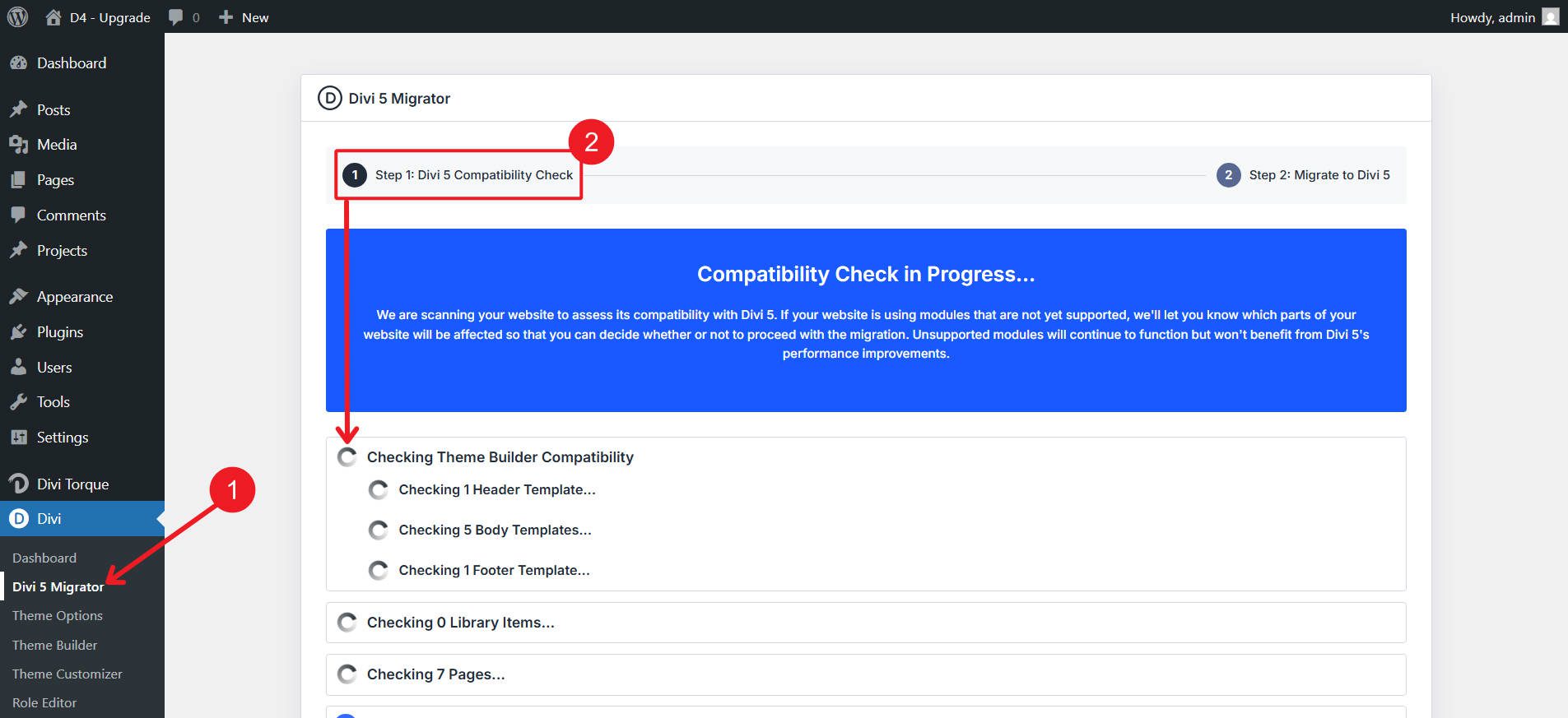 Compatibility Check from Migration Option Page in WP Admin - Divi