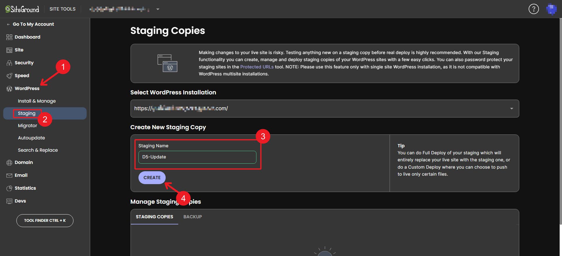 Example of Creating a Staging Site on Siteground