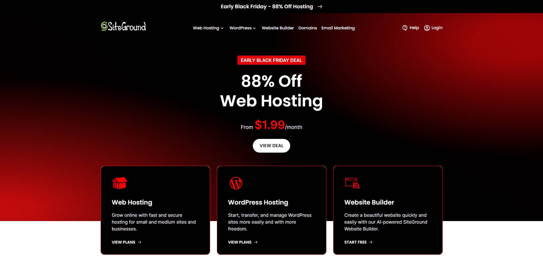 Siteground Black Friday 2025 Deals up to 88%