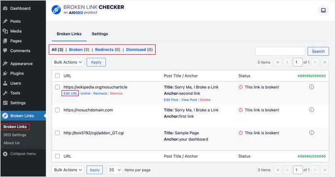 Find broken links and edit URLs with Broken Link Checker by AIOSEO