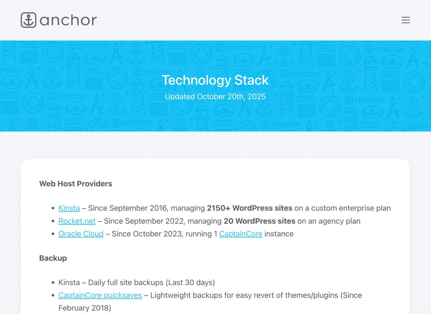 Anchor Hosting tech stack