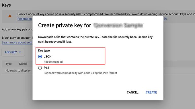 Choose JSON as type and create API key