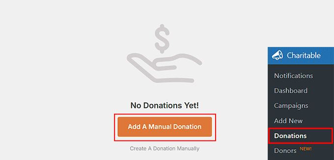 Click 'Add a Manual Donation' in Charitable
