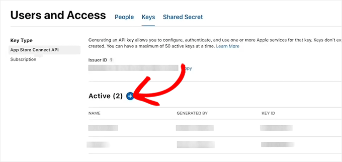 Click the + icon on the Keys page