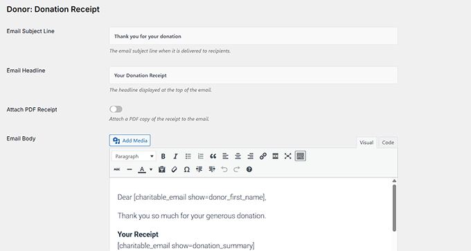 Configure donation Thank you email in Charitable