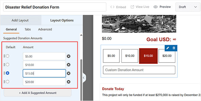 Configure suggested donation amounts in Charitable