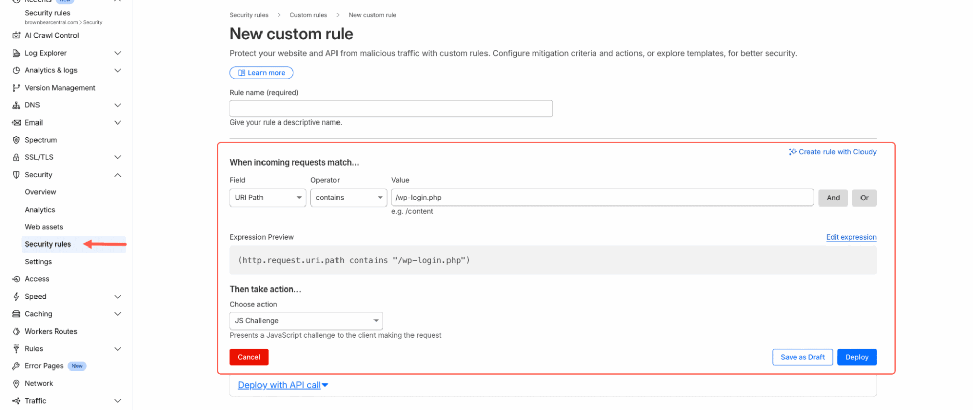 Custom rule setup in Cloudflare for managing and filtering web traffic.