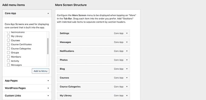 Customize More screen structure in BuddyBoss App