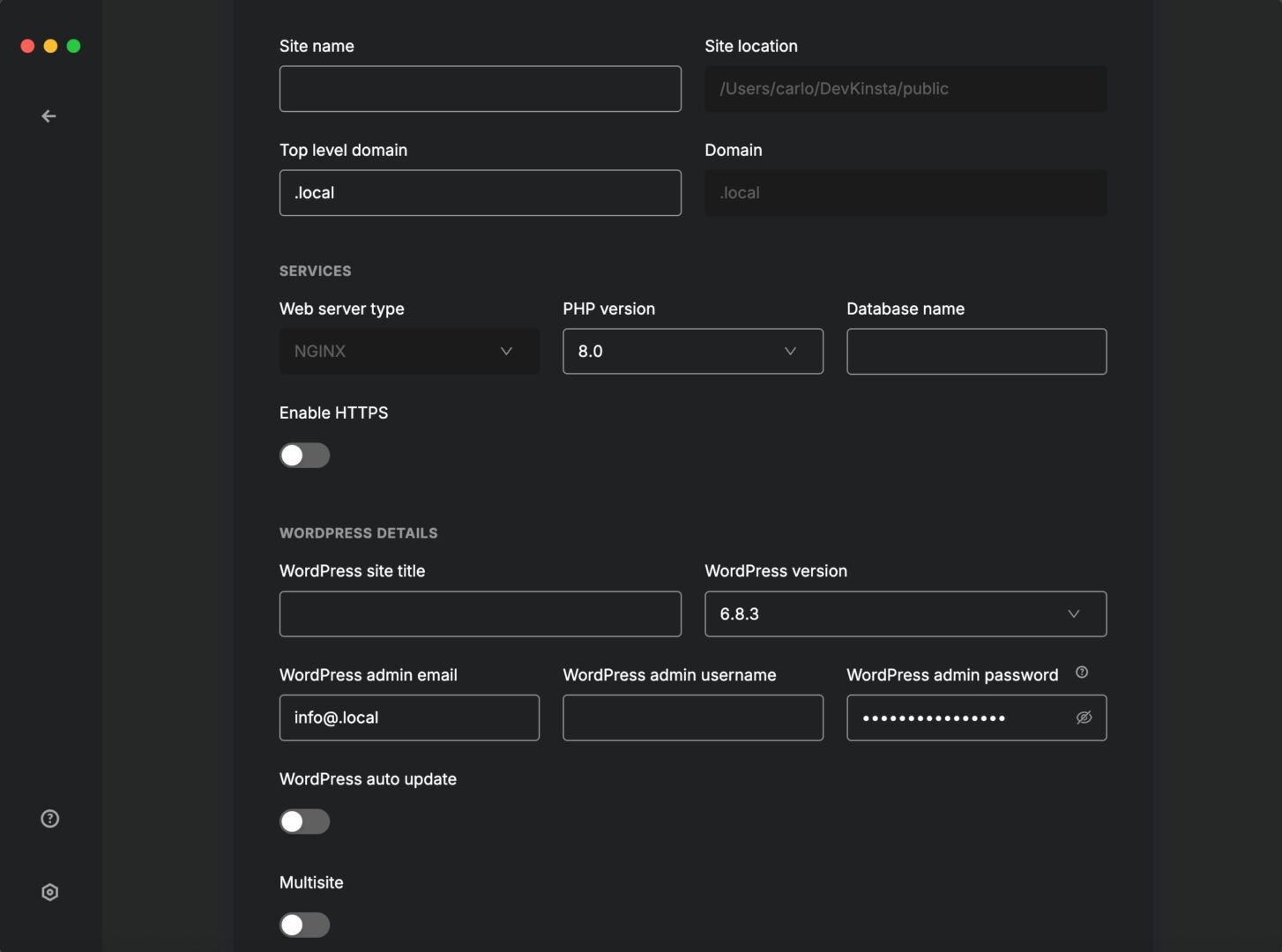 Configuring a local website in DevKinsta