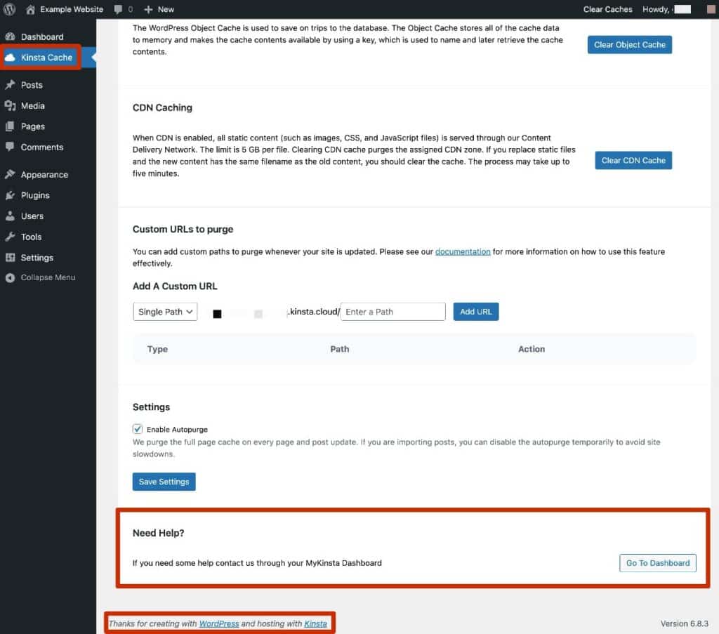 The WordPress dashboard with the default configuration from Kinsta's hosting