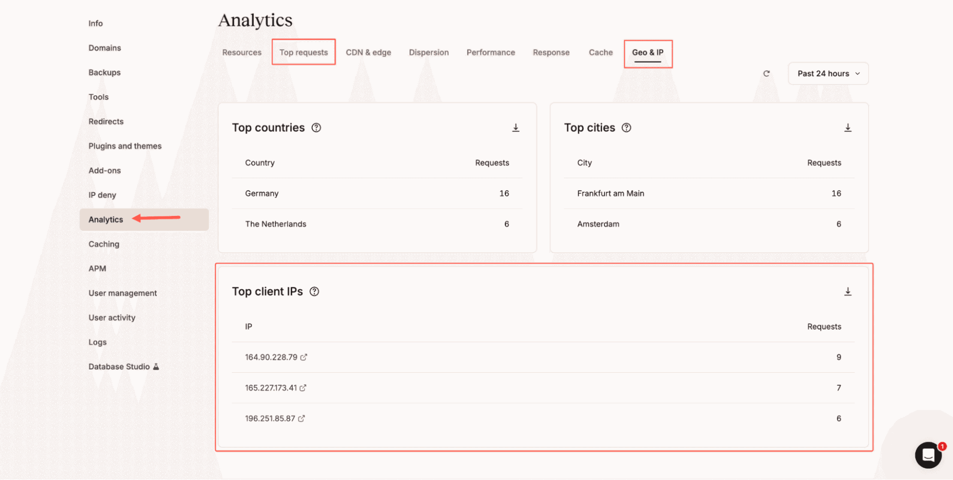 Top client IP addresses displayed in MyKinsta analytics for monitoring site traffic sources.