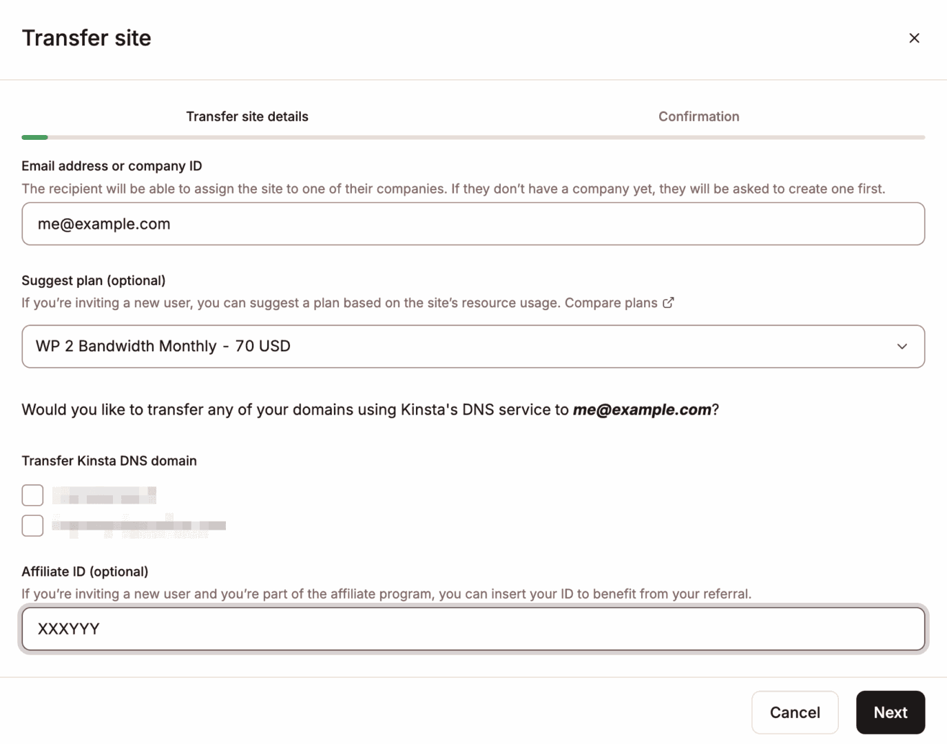 Transfer a site in MyKinsta.