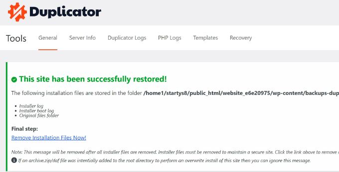 View site restore success message