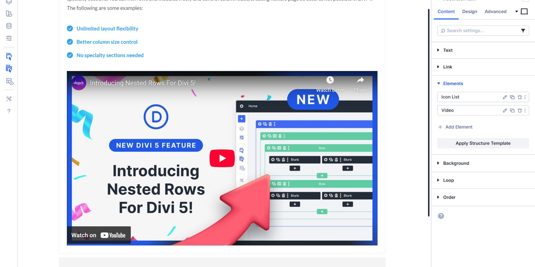 A screenshot of adding a video in an accordion item in Divi 5