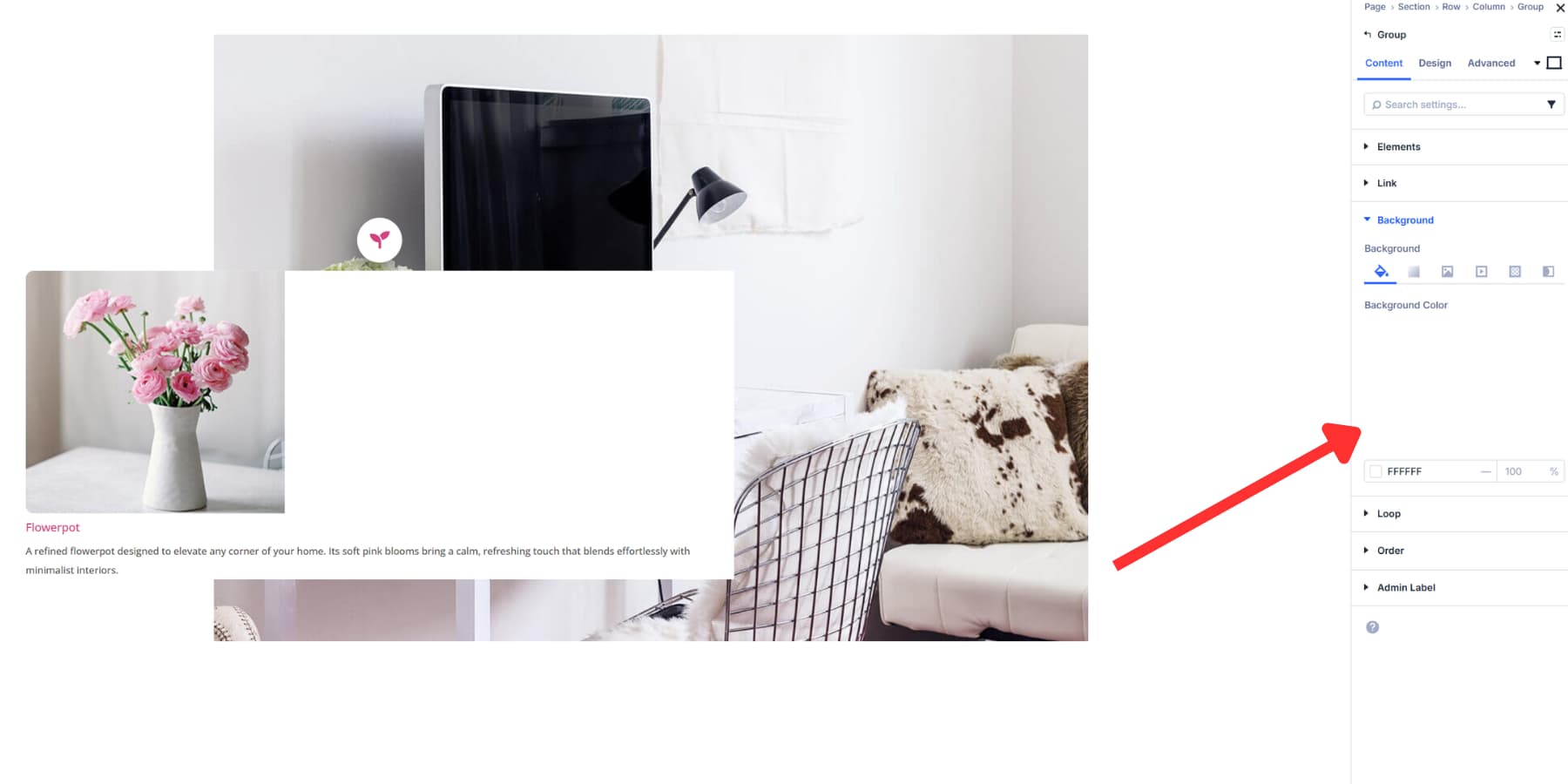 A screenshot of adding a white background color to the content group in Divi 5