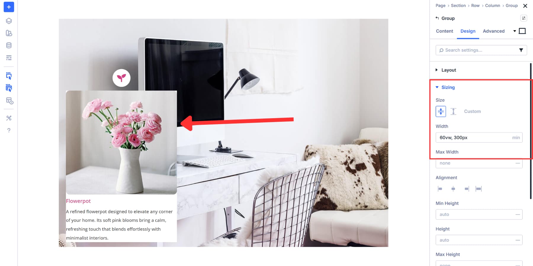 A screenshot of adding a width to the content group so it looks proper in Divi 5