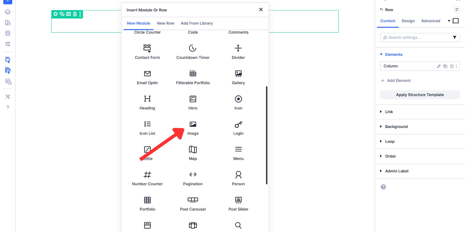 A screenshot of adding an image module in Divi 5