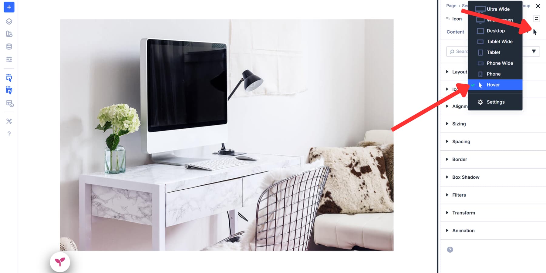A screenshot of selecting the hover state in Divi 5