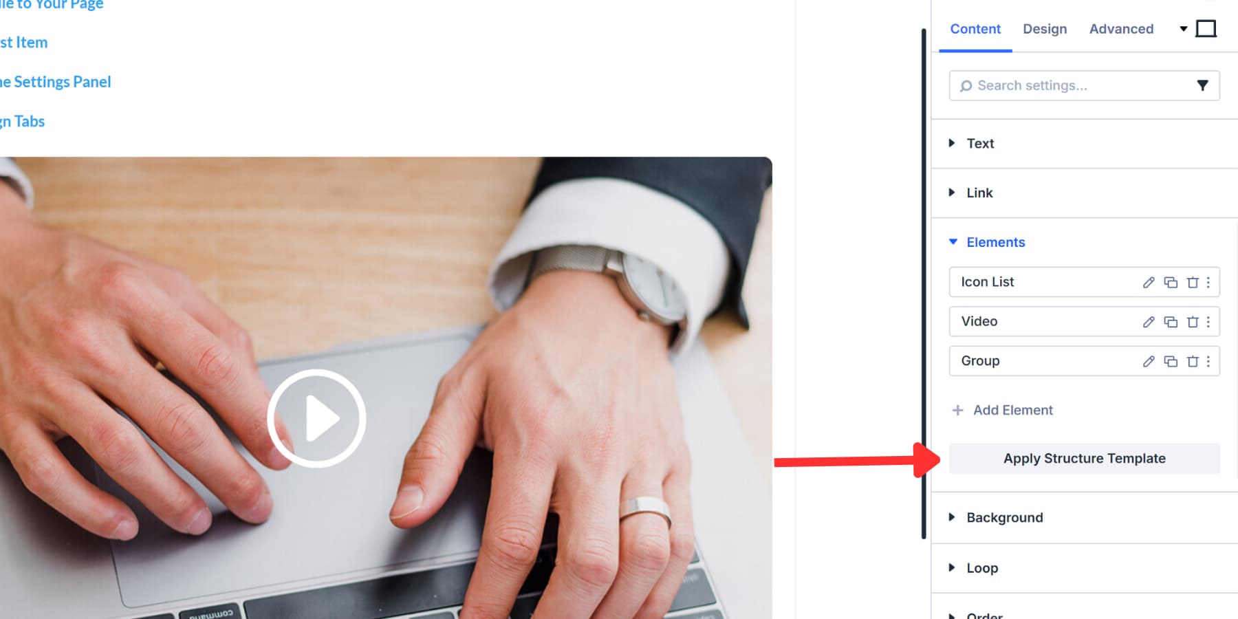 A screenshot of the apply structure template option available in the Elements tab