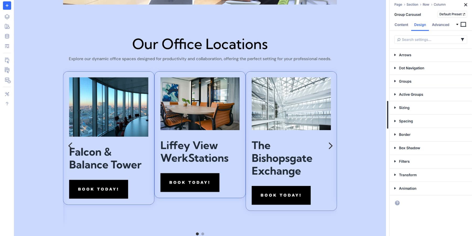 A screenshot of the carousel design settings available inside the design tab