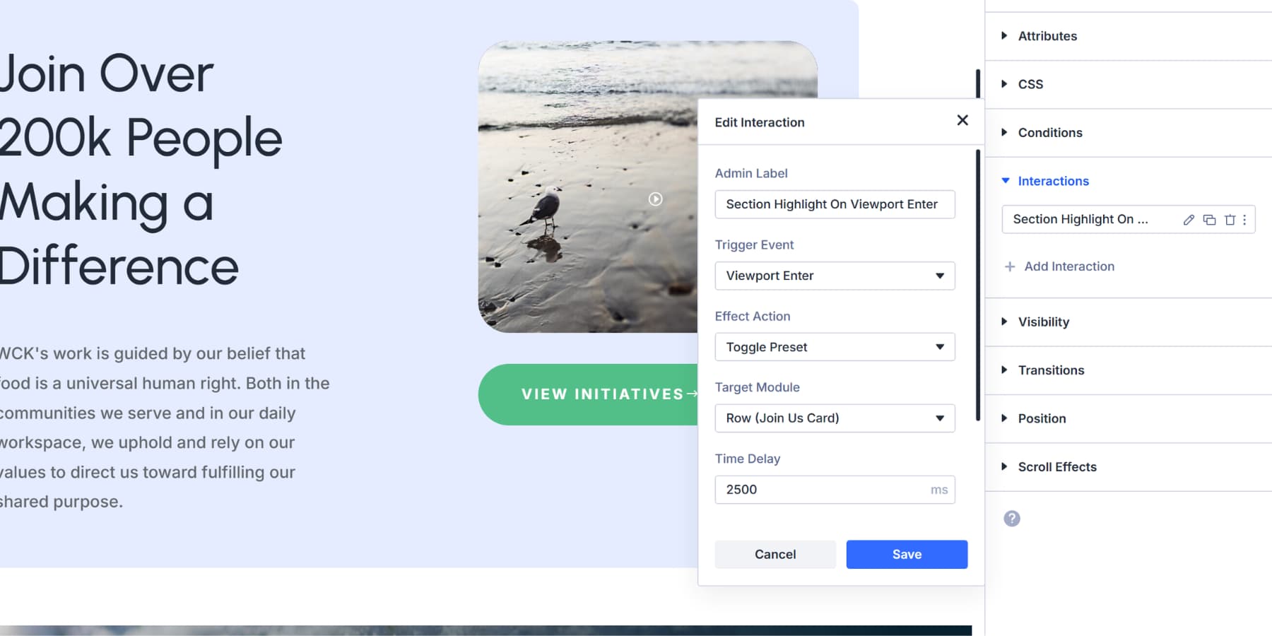 A screenshot of the interactions settings for viewport enter