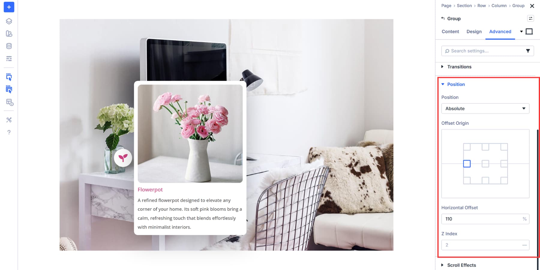 A screenshot of the position settings of the content group module