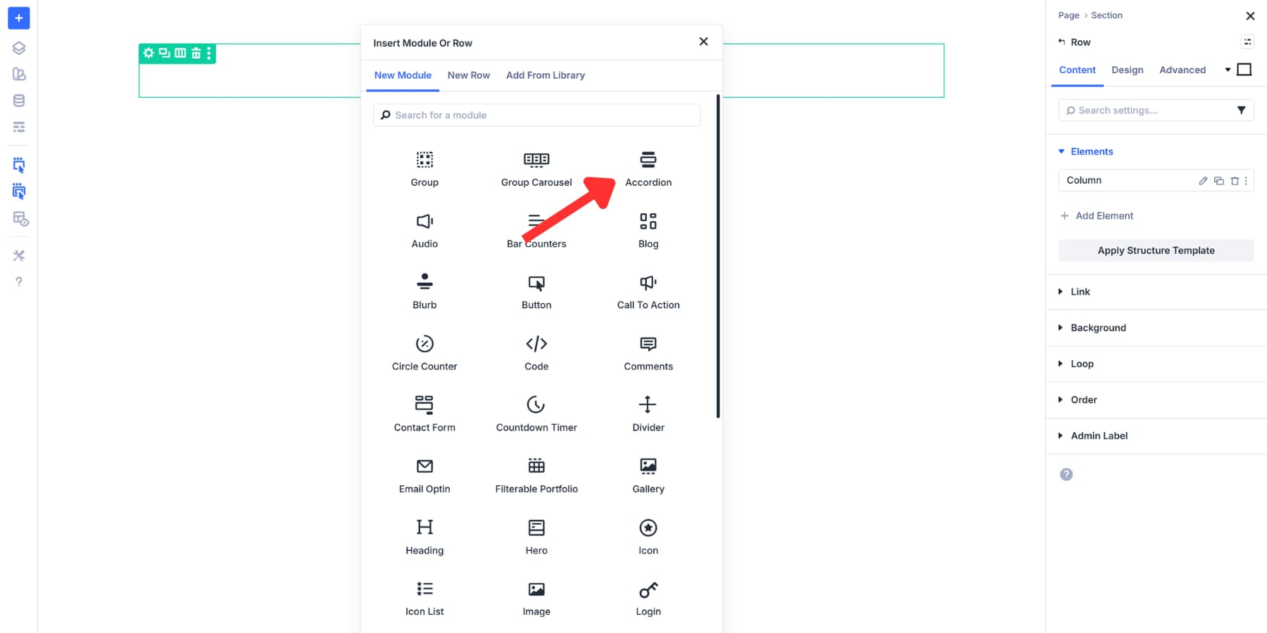 A screenshot of where to find the accordion module in Divi 5
