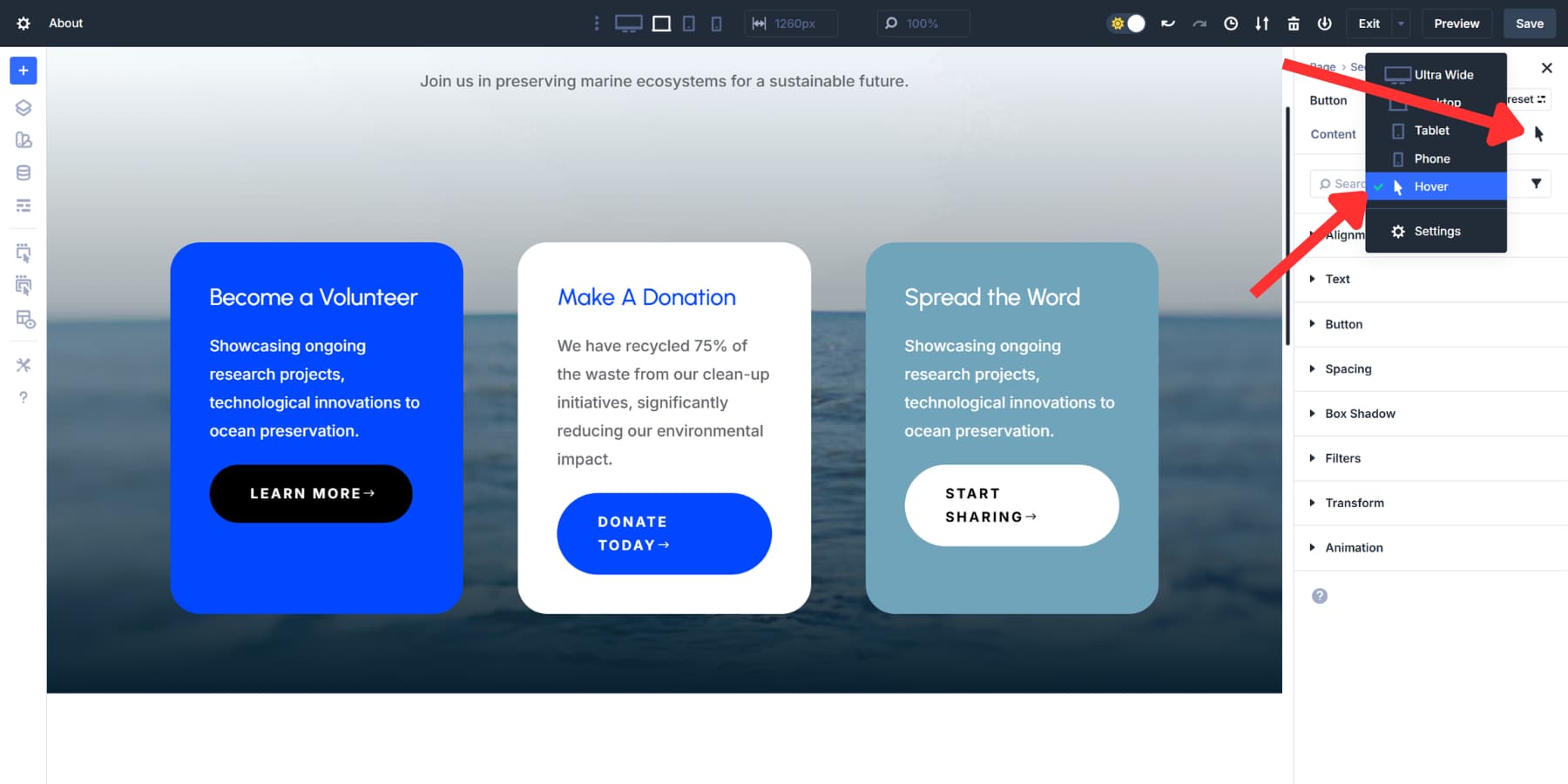 A screenshot where to find the hover state option in Divi 5