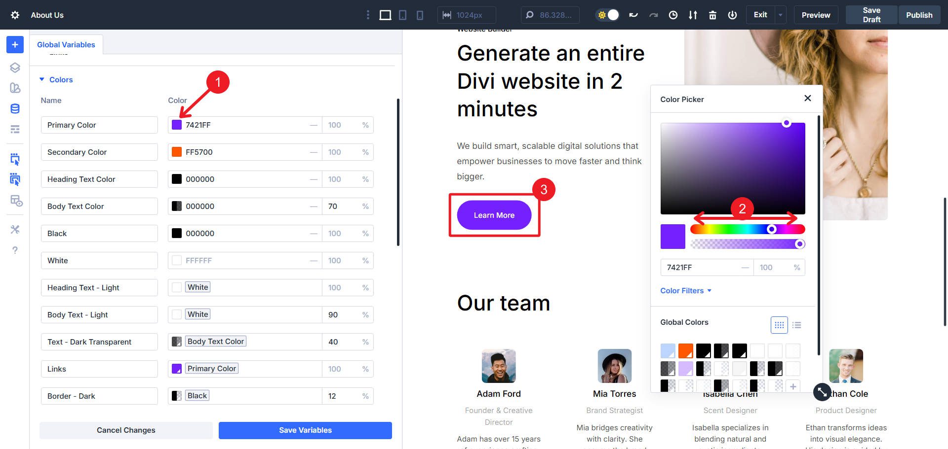 Adjust Color Variables to see how they change across the page design