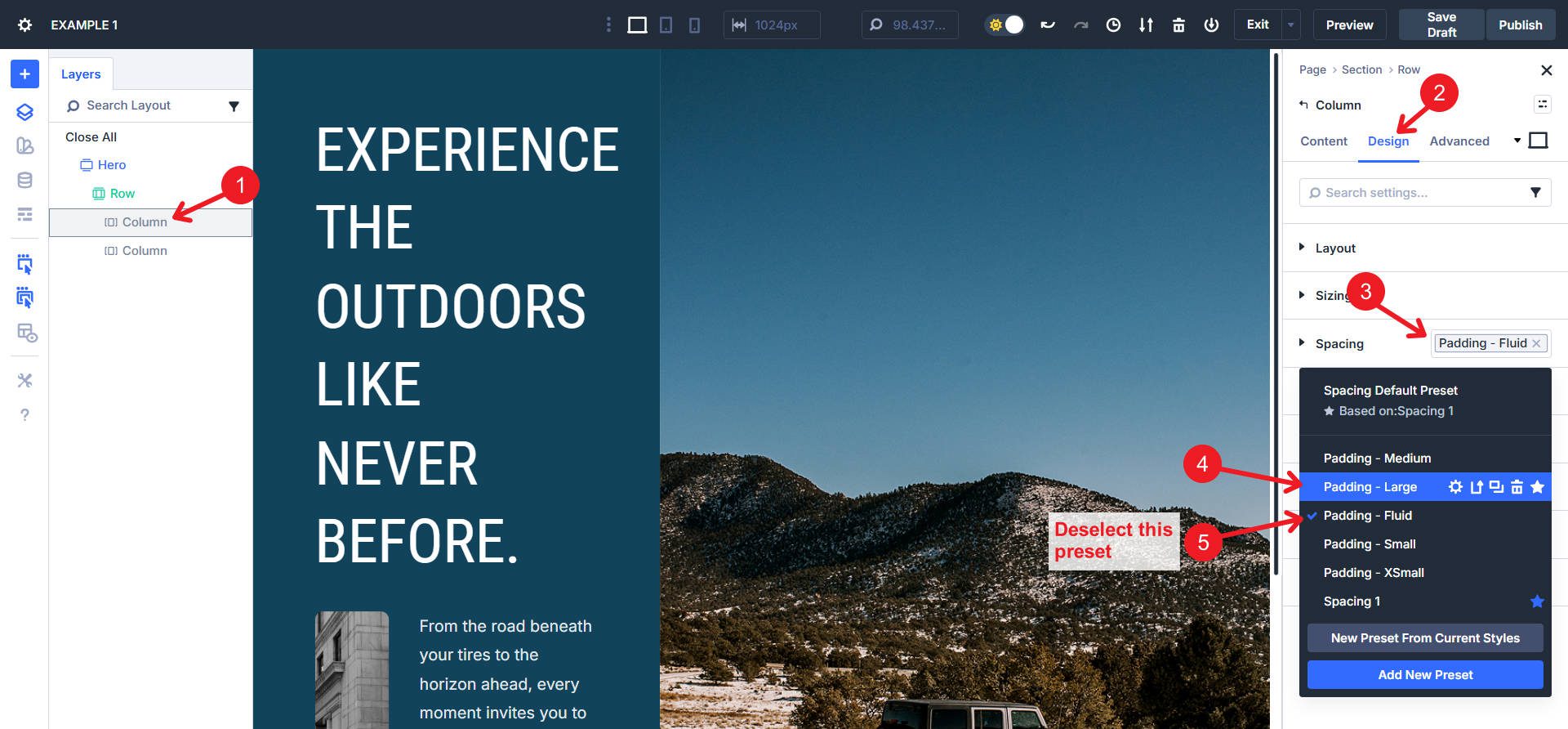 In col 1 left change spacing preset from fluid to large