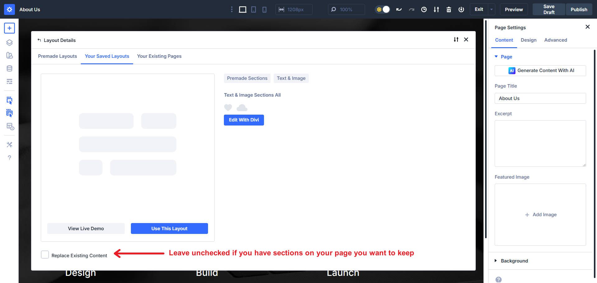 Uncheck Replace Existing Content to Keep Sections when Loading more Sections