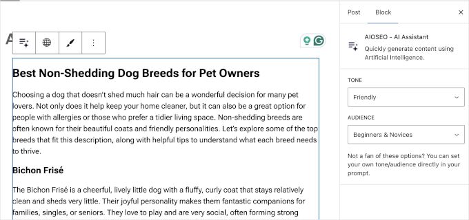 AIOSEO AI Assistant lets you set tone and audience