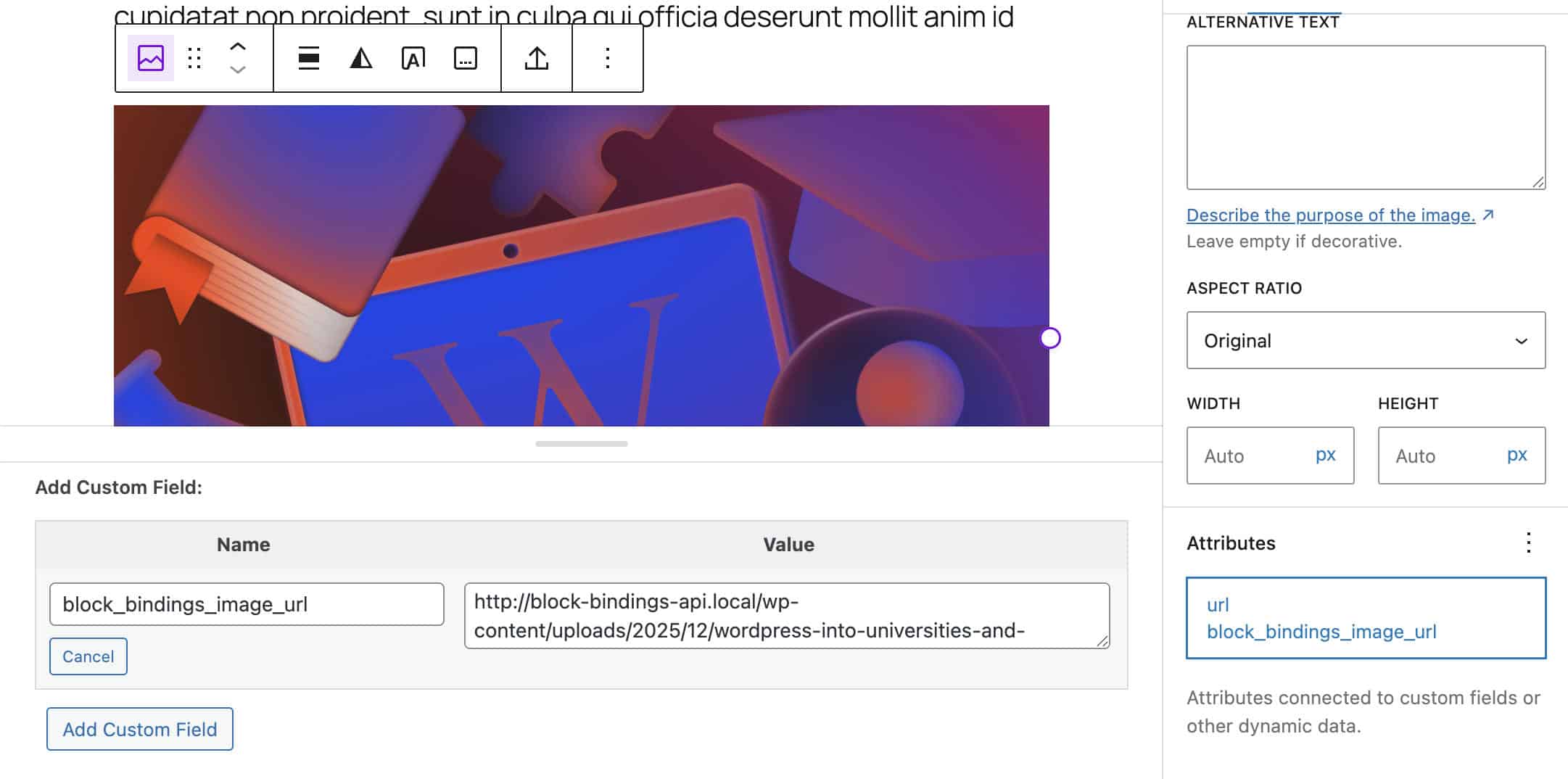A screenshot of the block editor with an Image block with the url attribute bound to a custom field value.